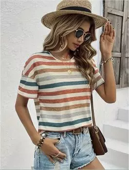 Модная женская простая футболка в цветную полоску с принтом, забавная повседневная футболка с круглым вырезом и короткими рукавами, летняя женская футболка XS зелёный
