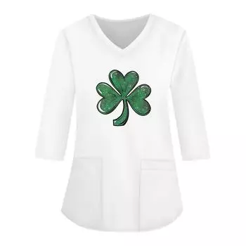 Модная женская рабочая одежда с v-образным вырезом и рукавами 3/4, свободные топы с карманами и принтом L бежевый