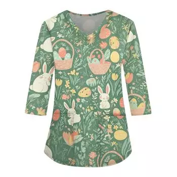 Модная женская рабочая одежда с v-образным вырезом и рукавами 3/4, свободные топы с карманами и принтом L зелёный