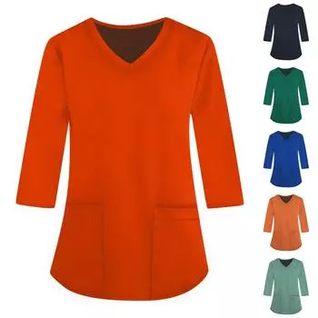 Модная женская рабочая одежда с v-образным вырезом и короткими рукавами, рукавами три четверти, свободный топ с карманным принтом L чёрный