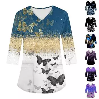 Модная женская рабочая одежда с v-образным вырезом и рукавами 3/4, свободные топы с карманами и принтом L чёрный