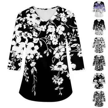 Модная женская рабочая одежда с v-образным вырезом и рукавами 3/4, свободные топы с карманами и принтом L чёрный