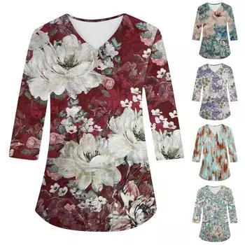 Модная женская рабочая одежда с v-образным вырезом и рукавами 3/4, свободные топы с карманами и принтом XXL синий