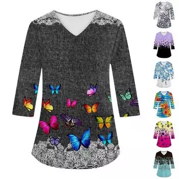 Модная женская рабочая одежда с v-образным вырезом и рукавами 3/4, свободные топы с карманами и принтом XXXXXL синий