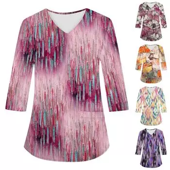 Модная женская рабочая одежда с v-образным вырезом и рукавами 3/4, свободные топы с карманами и принтом L