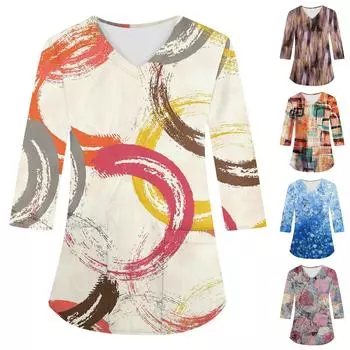 Модная женская рабочая одежда с v-образным вырезом и рукавами 3/4, свободные топы с карманами и принтом XXXXL