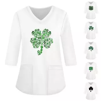 Модная женская рабочая одежда с v-образным вырезом и рукавами 3/4, свободные топы с карманами и принтом XXXXXL белый