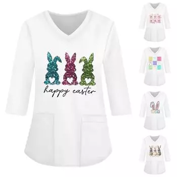 Модная женская рабочая одежда с v-образным вырезом и рукавами 3/4, свободные топы с карманами и принтом XXXXL белый