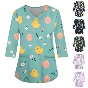 Модная женская рабочая одежда с v-образным вырезом и рукавами 3/4, свободные топы с карманами и принтом XXL