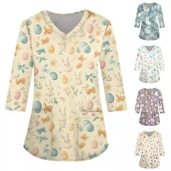 Модная женская рабочая одежда с v-образным вырезом и рукавами 3/4, свободные топы с карманами и принтом L бежевый