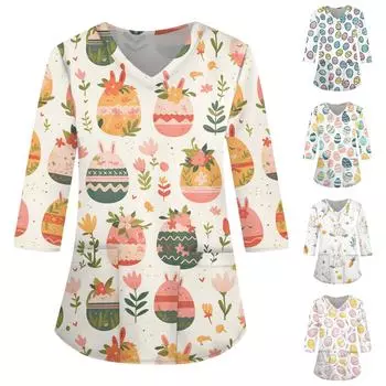 Модная женская рабочая одежда с v-образным вырезом и рукавами 3/4, свободные топы с карманами и принтом XXXL розовый