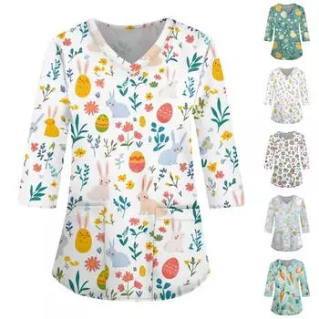 Модная женская рабочая одежда с v-образным вырезом и рукавами 3/4, свободные топы с карманами и принтом XXXL белый