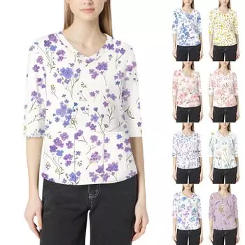 Модная женская рабочая одежда с v-образным вырезом и рукавами 3/4, свободные топы с карманами и принтом M