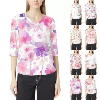 Модная женская рабочая одежда с v-образным вырезом и рукавами 3/4, свободные топы с карманами и принтом L розовый