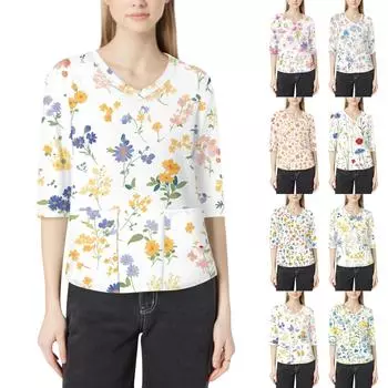 Модная женская рабочая одежда с v-образным вырезом и рукавами 3/4, свободные топы с карманами и принтом L бежевый