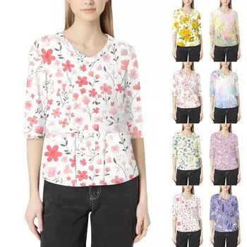 Модная женская рабочая одежда с v-образным вырезом и рукавами 3/4, свободные топы с карманами и принтом XXL