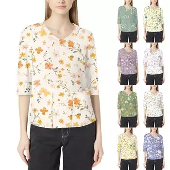 Модная женская рабочая одежда с v-образным вырезом и рукавами 3/4, свободные топы с карманами и принтом S