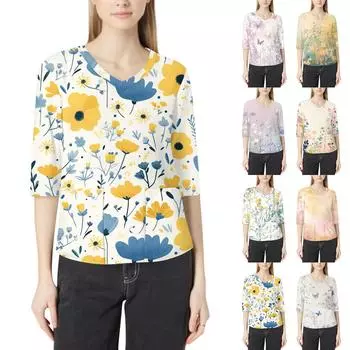 Модная женская рабочая одежда с v-образным вырезом и рукавами 3/4, свободные топы с карманами и принтом S