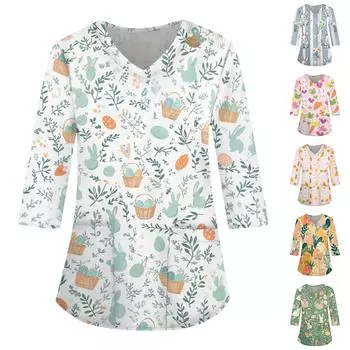 Модная женская рабочая одежда с v-образным вырезом и рукавами 3/4, свободные топы с карманами и принтом L зелёный