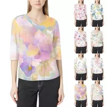 Модная женская рабочая одежда с v-образным вырезом и рукавами 3/4, свободные топы с карманами и принтом L горячий розовый