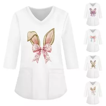 Модная женская рабочая одежда с v-образным вырезом и рукавами 3/4, свободные топы с карманами и принтом L бежевый