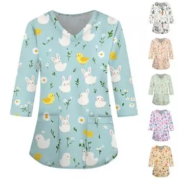 Модная женская рабочая одежда с v-образным вырезом и рукавами 3/4, свободные топы с карманами и принтом M бежевый