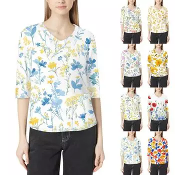 Модная женская рабочая одежда с v-образным вырезом и рукавами 3/4, свободные топы с карманами и принтом L