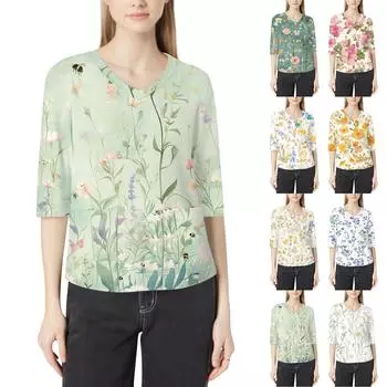 Модная женская рабочая одежда с v-образным вырезом и рукавами 3/4, свободные топы с карманами и принтом L бежевый