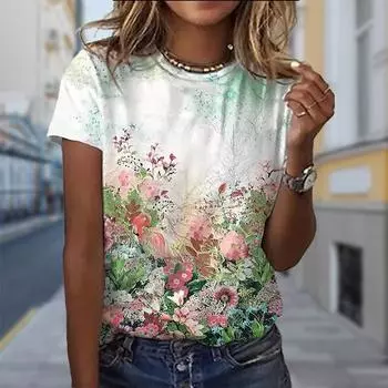Модная женская розовая футболка с цветочным принтом и принтом моря, забавная повседневная футболка с круглым вырезом и короткими рукавами, летняя женская футболка XS розовый