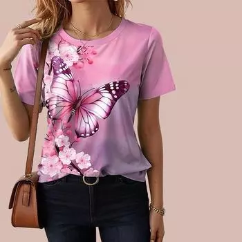 Модная женская розовая футболка с принтом большой бабочки, забавная повседневная футболка с круглым вырезом и короткими рукавами, летняя женская футболка XS синий