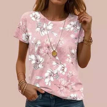 Модная женская розовая футболка с принтом цветов персика, забавная повседневная футболка с круглым вырезом и коротким рукавом, летняя женская футболка XS розовый