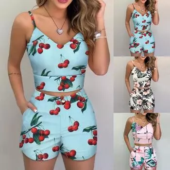 Модная женская рубашка без рукавов с принтом, блузка с v-образным вырезом + шорты, комплект шорт XXL розовый