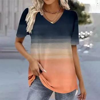Модная женская рубашка, блузка 2025, футболка, женская градиентная 3D-печатная футболка с V-образным вырезом, женская одежда, свободные летние топы, футболки S