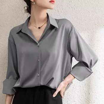 Модная женская рубашка для офиса с длинным рукавом, новая весенне-осенняя элегантная свободная повседневная блузка, однотонные женские простые рубашки с лацканами, одежда 2557 S серебряный