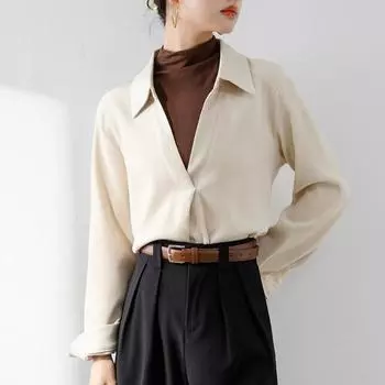 Модная женская рубашка для офиса с длинным рукавом, осень и зима, новая свободная внутренняя блузка с V-образным вырезом и лацканами, женская повседневная простая женская одежда 2560 S белый
