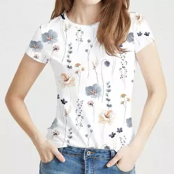Модная женская рубашка Футболка женская с 3D цветочным принтом белая футболка с круглым вырезом женская одежда летний топ Футболка XS