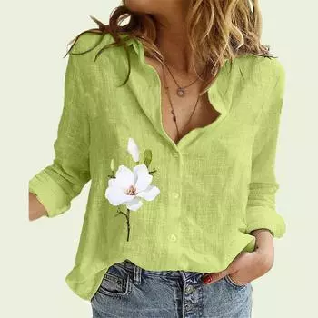Модная женская рубашка с цветочным принтом, летние и осенние повседневные льняные топы на пуговицах, женские блузки с длинными рукавами S белый