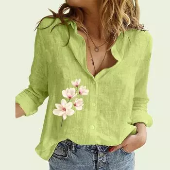 Модная женская рубашка с цветочным принтом, весенне-осенняя повседневная льняная рубашка на пуговицах, женские блузки с длинными рукавами S белый