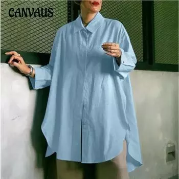 Модная женская рубашка с длинным рукавом больших размеров, элегантная рубашка с лацканами, повседневная свободная рубашка с разрезом S синий