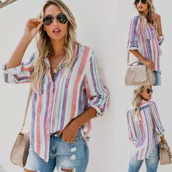 Модная женская рубашка с длинным рукавом цвета радужной полосатой блузки повседневная винтажная верхняя одежда Camisas топы S разноцветный