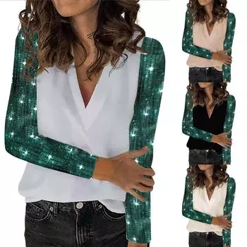 Модная женская рубашка с длинным рукавом и блестками, сексуальная свободная пуловерная рубашка с v-образным вырезом XXL чёрный
