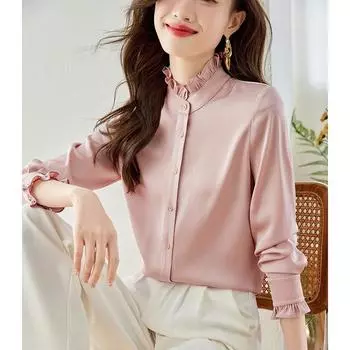 Модная женская рубашка с длинным рукавом и оборками, весна-осень, новая однотонная свободная блузка, женская элегантная повседневная простая одежда для топов 2573 S розовый
