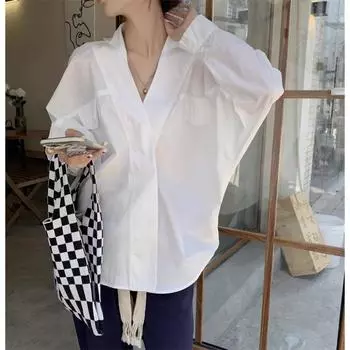 Модная женская рубашка с длинным рукавом и V-образным вырезом, свободный топ на весну и осень, повседневная свободная офисная простая блузка, однотонная элегантная женская одежда 2957 S белый