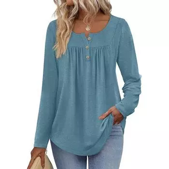 Модная женская рубашка с длинным рукавом Модная футболка с круглым вырезом, повседневная, плиссированная, на пуговицах L синий