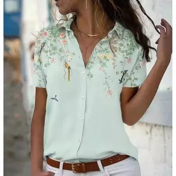 Модная женская рубашка с коротким рукавом и принтом, большие размеры, повседневная, свободная, на пуговицах, летняя блузка для офиса, новая, свободная, простая, с лацканами, элегантная одежда 3084 S розовый