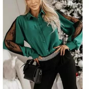 Модная женская рубашка с кружевной сеткой на весну и осень, элегантная, с лацканами, с длинным рукавом, для офиса, свободного покроя, больших размеров, простые топы 2520 S белый