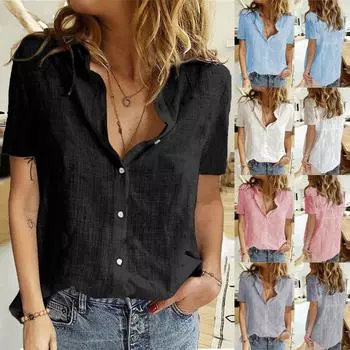 Модная женская рубашка с лацканами, однотонная блузка с короткими рукавами и пуговицами, повседневные топы XXL чёрный