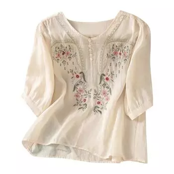Модная женская рубашка с рукавом пять четвертей, весна-лето, свободный верх, вышитая рубашка L бежевый