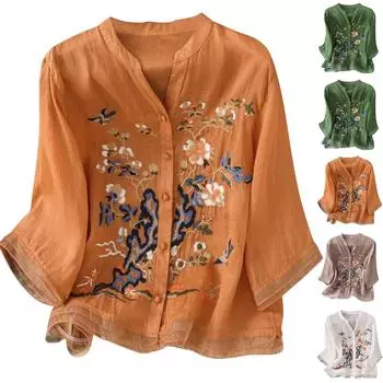 Модная женская рубашка с рукавом пять четвертей, весна-лето, свободный верх, вышитая рубашка L