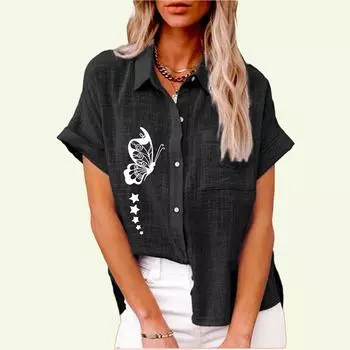 Модная женская рубашка с воротником с лацканами, летний и осенний топ с принтом бабочки и карманом, свободная футболка с коротким рукавом, женские повседневные льняные блузки S белый